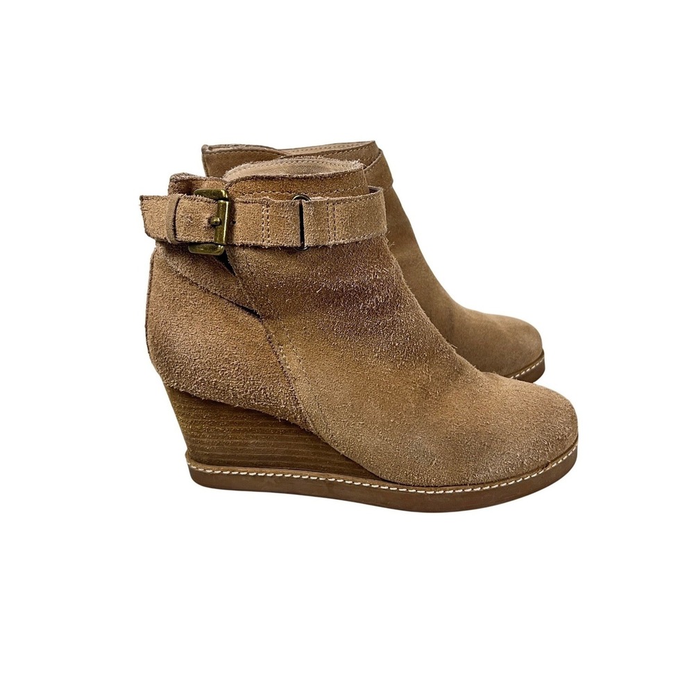 J.Jill Tan Suede Wedge Ankle Boots Buckle Strap Round Toe 7